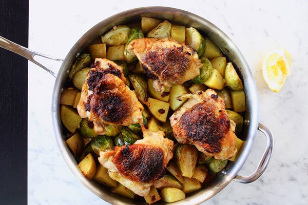 Bacon Jam Roasted Chicken and Vegetables in pan