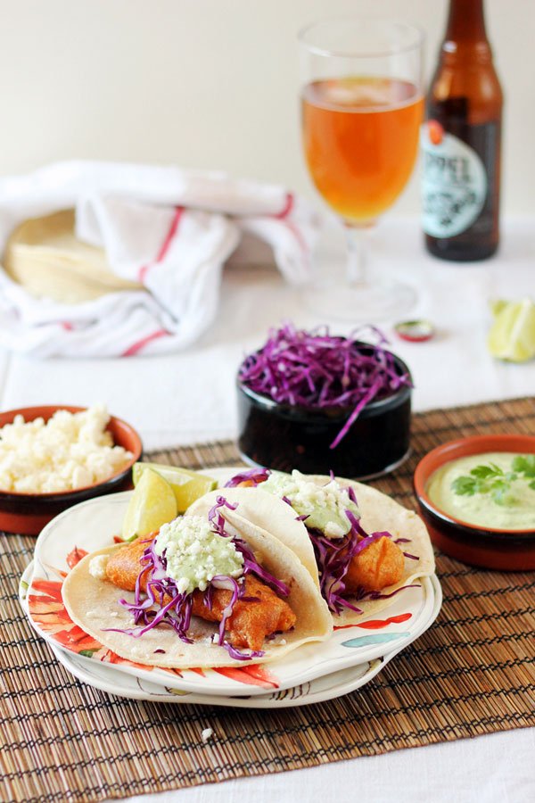 Beer Battered Fish Tacos with Cilantro Crema