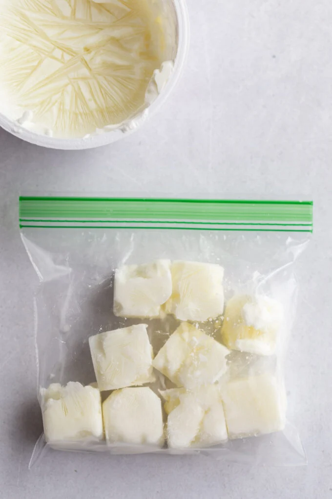 frozen sour cream cubes in freezer bag-kookybakes.com