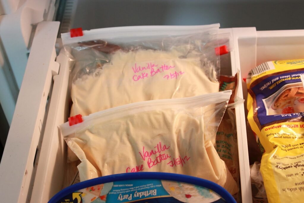 Frozen Cake Batter storage in freezer bag-kookybakes.com