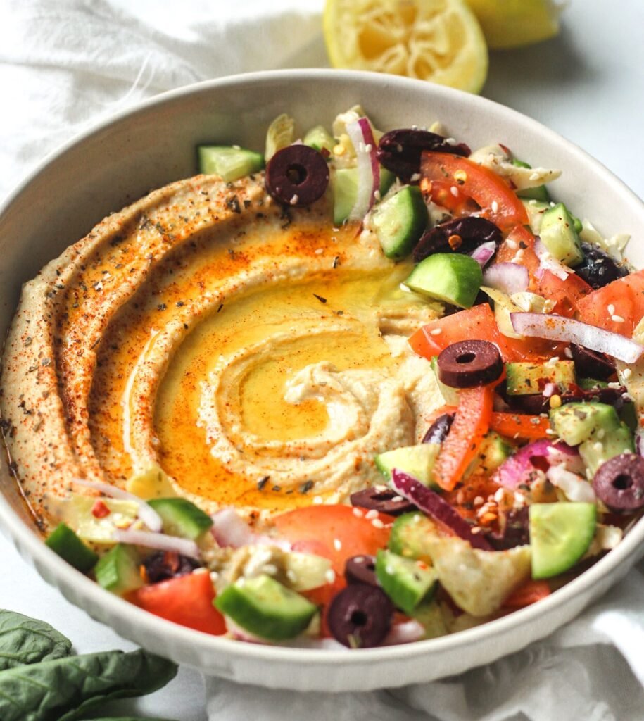 hummus salad with fresh veggies and herbs-kookybakes.com