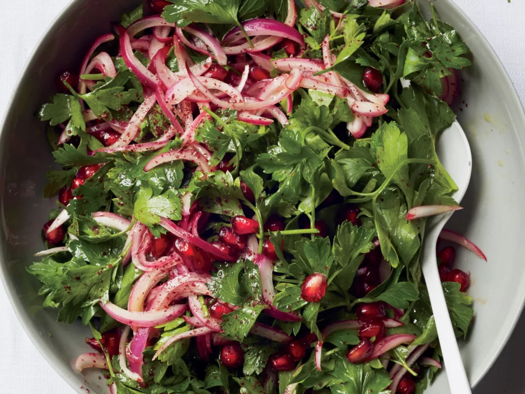 parsley-onion-pomegranate-salad in serving bowl-kookybakes.com