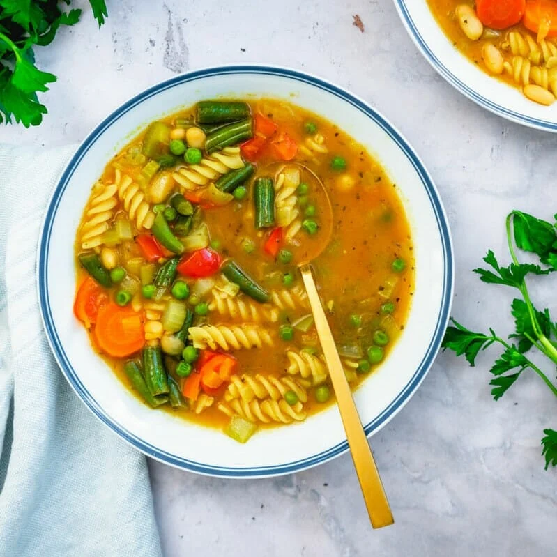 Vegetable-Soup-served with pasta in bowl-kookybakes.com