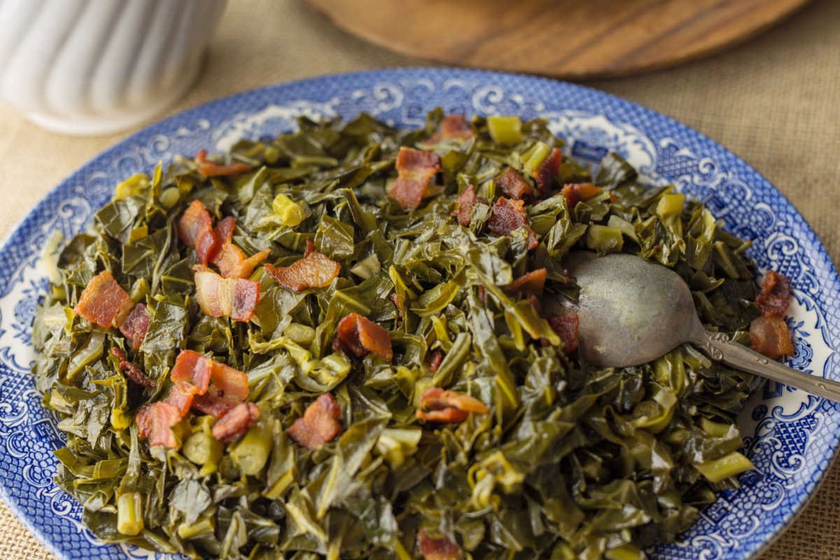 cracker-barrel-turnip-greens-served in Moroccan styled oval shaped bowl-kookybakes.com