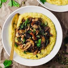 polenta meals served with sautéed mushroom and beans on top-kookybakes.com