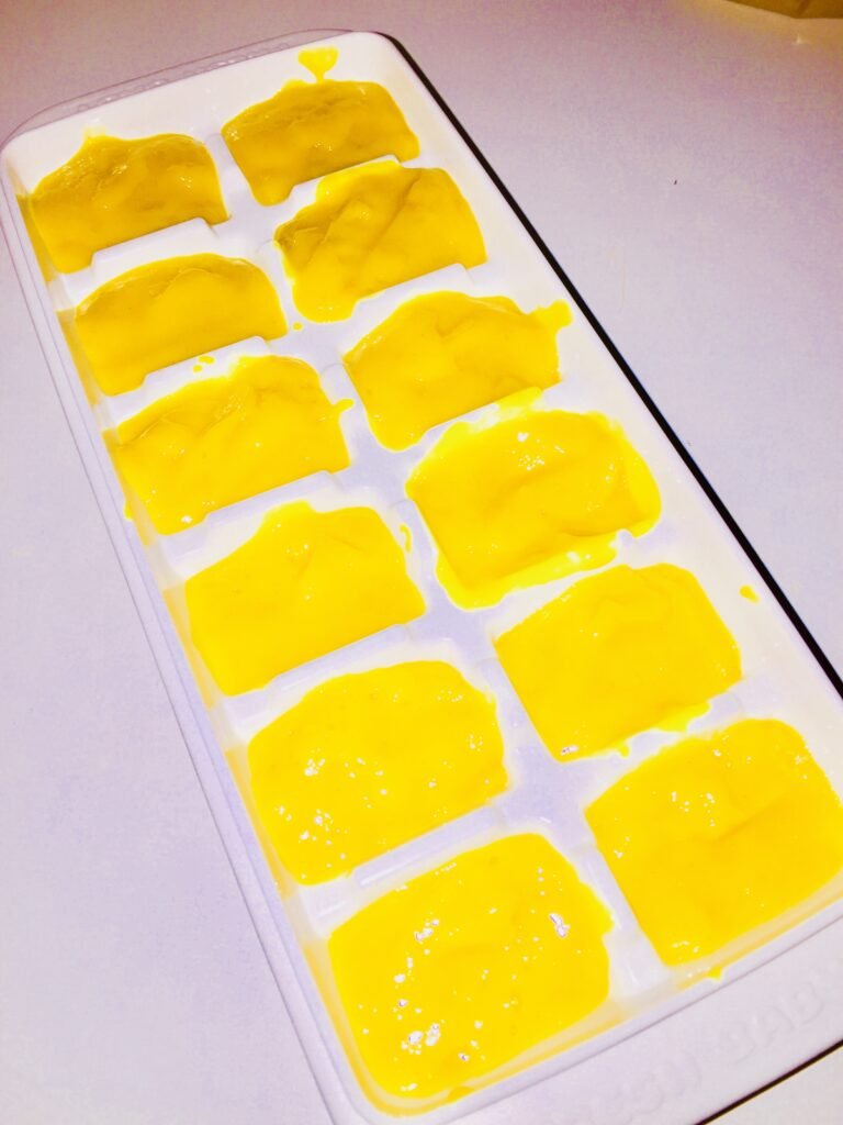 freezing mango puree in ice cube tray-kookybakes.com