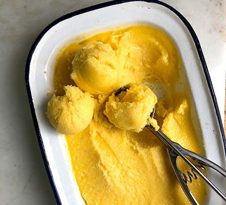 mango-sorbet-made with frozen mango puree-kookybakes.com